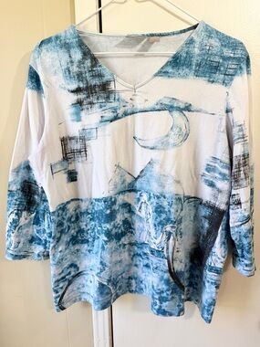 Chico’s Women’s Artsy Abstract Landscape Blouse Top Large People Moon Casual